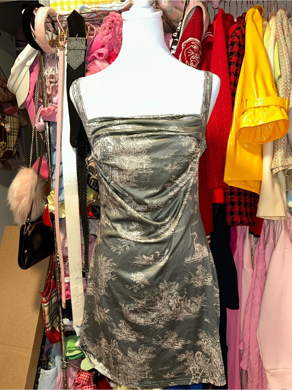 Cider Forest Green Toile-Print Satin Mini Dress - Picture 2 of 4